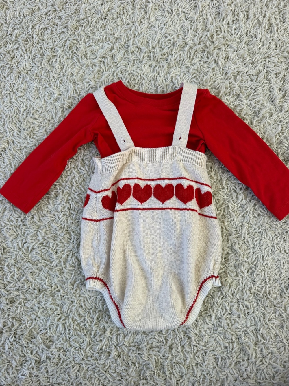 12M - Heart Knit Suspender Romper with red long sleeve shirt